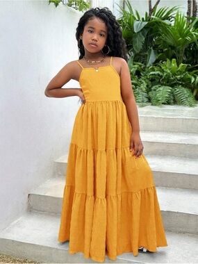 Girls' Mustard Tiered Maxi Dress - Sleeveless Spaghetti Strap